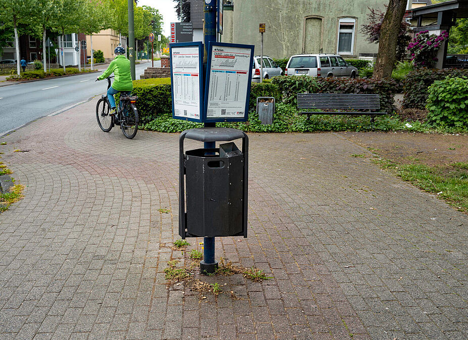 Eine Posse: Haltestellenschild mitten auf der Radspur. Immerhin: mit „Begrünung“.
