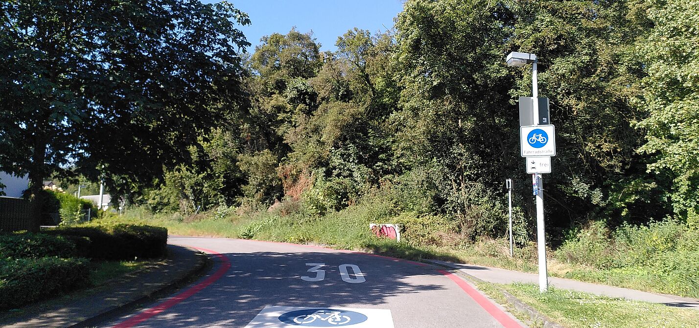 Fahrradstraße_NRW_Bonn_(c) ADFC NRW/Glitz Das Bild zeigt eine Fahrradstraße. Am Wegesrand sind Büsche und Bäume zu sehen. Auf der Straße ist eine große "30" aufgemalt. Auf einem Schild am Straßenrand steht "Fahrradstraße".