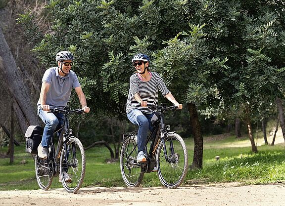 E-Dossier Cover Eine Frau und ein Mann fahren auf Elektrofahrrädern durch den Wald.