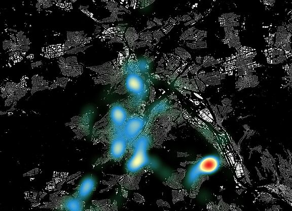 Visualisierung Projekt Cape Reviso: Die Heatmap zeigt, wo Radfahrende in Stuttgart besonders eng überholt werden.